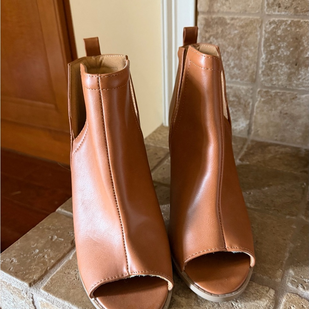 Pink Lily Brown Peep-Toe Heeled Boots - Picture 2 of 3